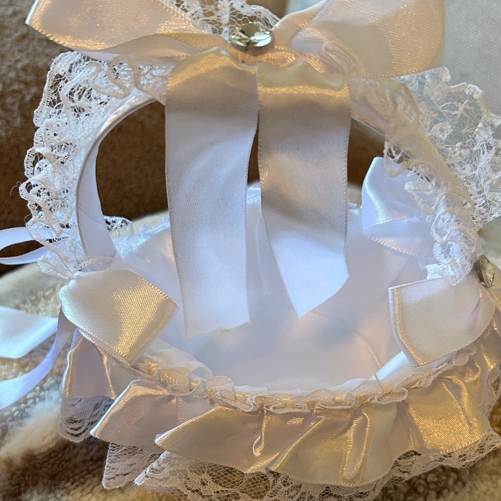 Charming White Lace Basket with Satin Bows